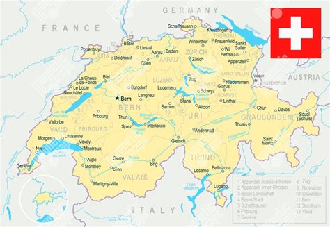 Mapa Švajčiarska s vyznačenými kantonmi