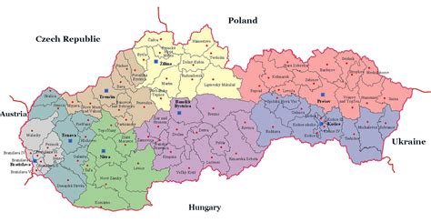 Mapa Slovenska s vyznačenými mestami