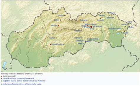 Mapa Slovenska s vyznačenými lokalitami kultúrnych pamiatok
