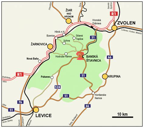 Mapa Banskej Štiavnice s vyznačenými lokalitami ako Drieňová a centrum