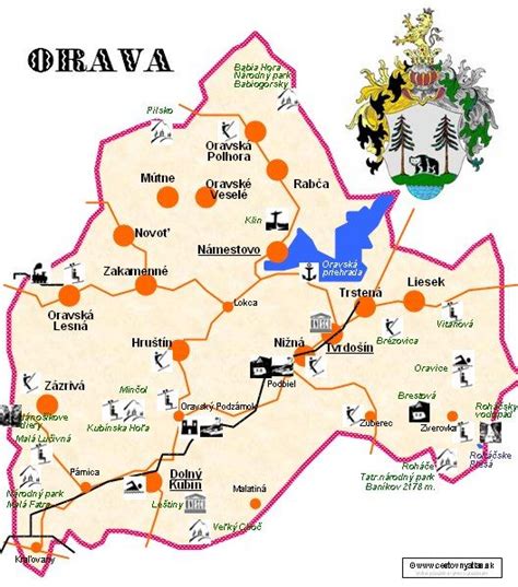 Mapa Oravy s vyznačenými obcami Klin, Tvrdošín, Vasiľov, Nižná, Zákamenné a Trstená