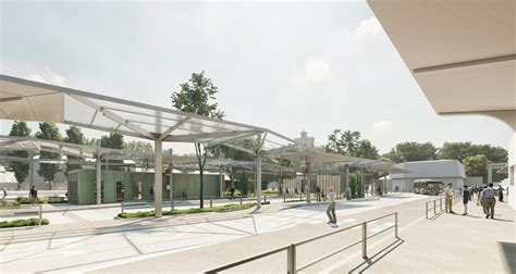 Vizualizácia modernej autobusovej zastávky s prístreškom a sedadlami