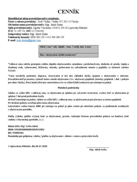 Cenník ubytovania
