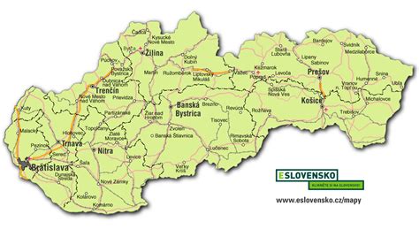 Mapa Slovenska s vyznačenými krajskými mestami