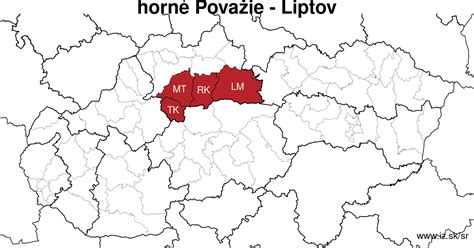 Mapa regiónu Liptov s vyznačenými obcami Lúčky, Bešeňová a Liptovská Teplá
