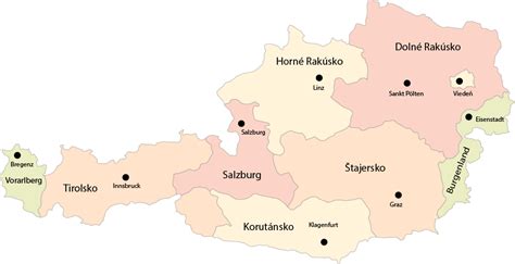 Mapa Rakúska s vyznačenými oblasťami Hainburg, Kittsee, Viedeň