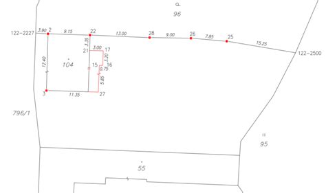 Náčrt geometrického plánu s vyznačenými bodmi a rozmermi