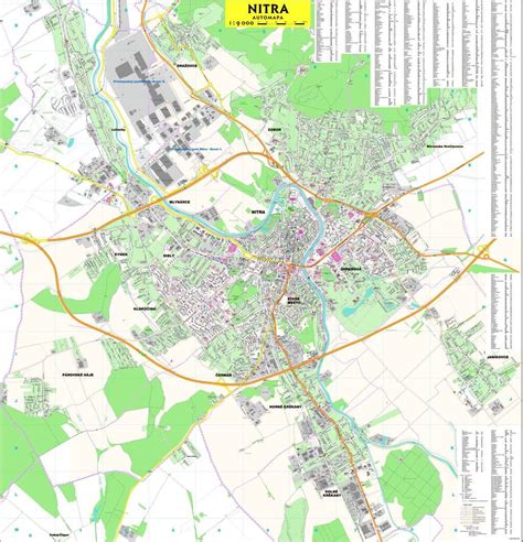 Mapa mesta Nitra s vyznačenými lokalitami ako Chrenová, Klokočina, Parovce a Nábrežie mládeže.