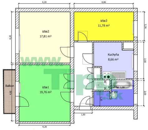 Pôdorys 2-izbového bytu s oddelenou kuchyňou a obývacou izbou