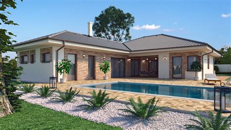 Moderný bungalov s veľkými oknami a prestrešenou terasou