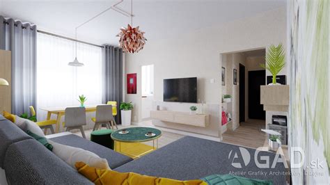 Ilustrácia útulnej obývačky v paneláku so svetlými farbami a funkčným nábytkom