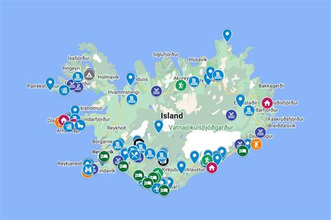 Mapa Islandu s vyznačenými národnými parkami