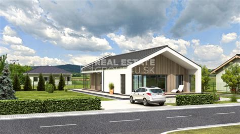 Vizualizácia moderného bungalovu na slnečnom pozemku.