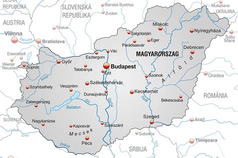 Mapa Maďarska s vyznačenými väčšími mestami