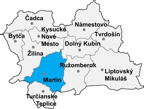 Mapa okresu Martin s vyznačenými obcami ako Dražkovce, Martin, Valča, Kláštor pod Znievom