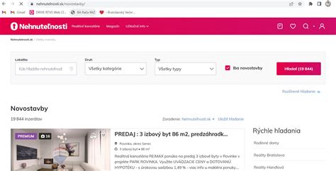 Screenshot rozhrania portálu Nehnuteľnosti.sk s tlačidlom 