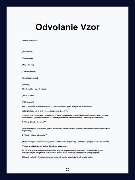 Štruktúra formulára na odvolanie