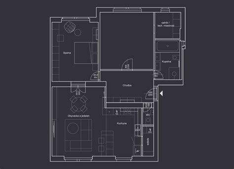 Schéma pôdorysu 2-izbového bytu s naznačenými oblasťami a funkciami