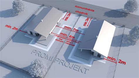 Diagram znázorňujúci minimálne odstupy medzi rodinnými domami a od hraníc pozemku.