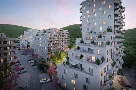 Vizualizácia modernej mestskej štvrte s polyfunkčnými budovami