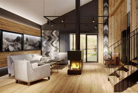 Interiér spoločenskej miestnosti s krbovou pecou a jedálenským stolom