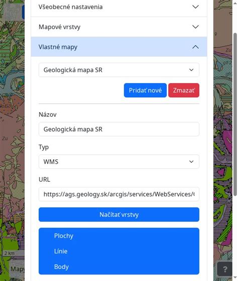 Rozbalené mapové vrstvy v mapovom portáli