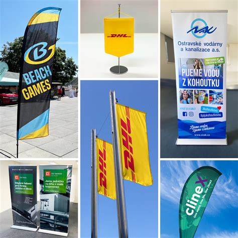 Ukážka rôznych reklamných produktov ako sú bannery, roll-upy a vlajky