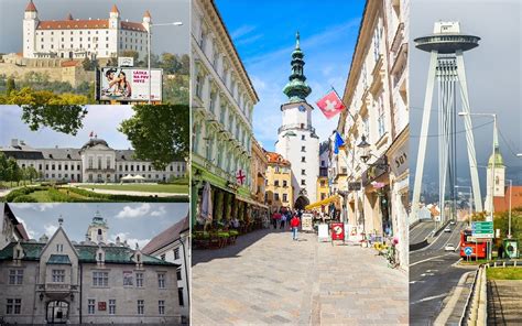 Koláž fotografií rôznych častí Bratislavy - Staré Mesto, parky