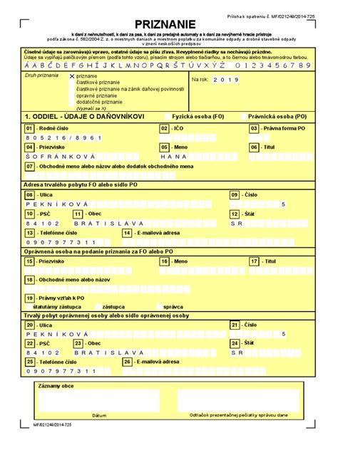 Ukážka vyplneného formulára daňového priznania k dani z nehnuteľností