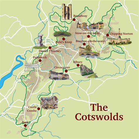 Mapa Cotswolds s vyznačenými mestami