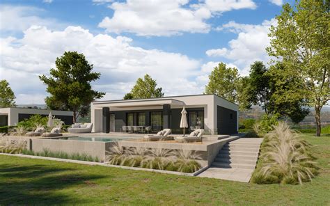 Ilustrácia rôznych typov bungalovov s plochou strechou