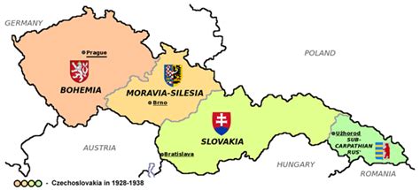 Mapa Československa s vyznačenými hranicami pred a po rozpade