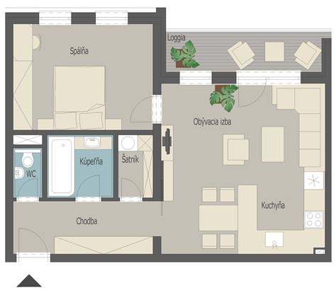 Pôdorys moderného bytu s prepojenou kuchyňou, jedálňou a obývačkou