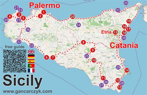 Mapa Sicílie s vyznačenými hlavnými mestami a plážami