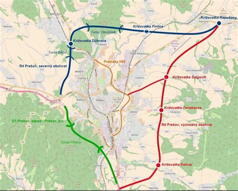 Mapa mesta Prešov s vyznačenými priemyselnými zónami a hlavnými cestnými ťahmi