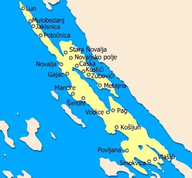 Mapa ostrova Pag s vyznačenou Povljanou