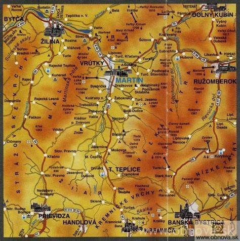 Mapa regiónu s vyznačenou obcou Raková a okolitými mestami