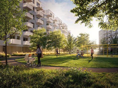 Vizualizácia modernej štvrte Slnečnice s obchodnými prevádzkami