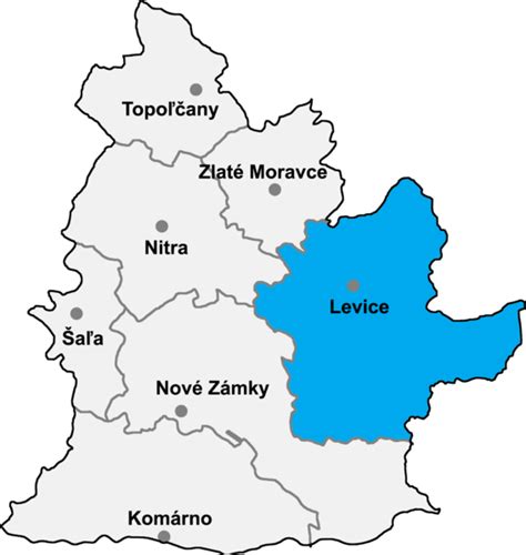 Mapa okresu Levice s vyznačenými obcami Tlmače, Kozárovce, Rybník