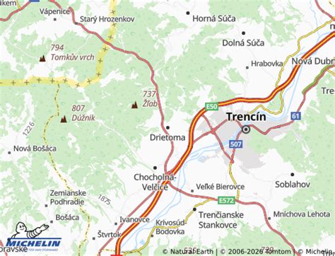 Mapa obce Drietoma s vyznačenými hranicami a okolitými oblasťami