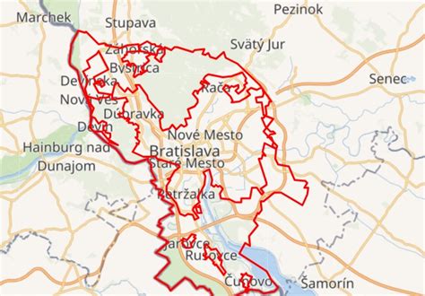 Mapa Bratislavy s vyznačenou lokalitou Staré Mesto a Horský park