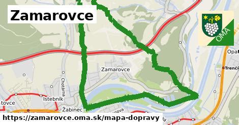 Mapa obce Zamarovce s vyznačením dostupnosti do Trenčína