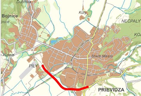 Mapa mesta Prievidza s vyznačenými oblasťami opráv ciest a chodníkov