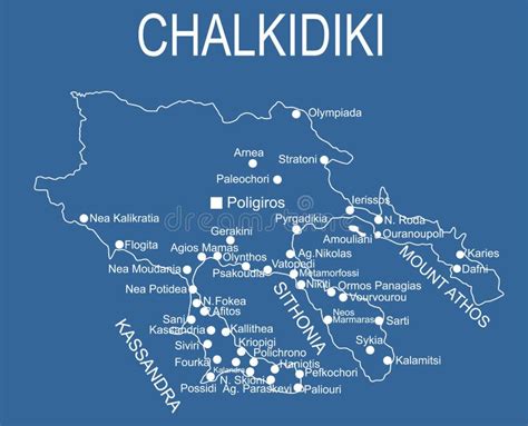 Mapa Chalkidiki s vyznačenými plážami a letoviskami