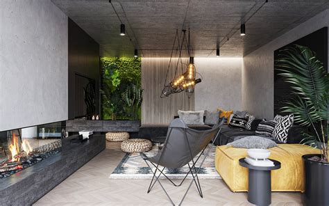 Interiér s moderným krbom v netradičnej farbe