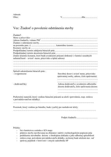 Formulár žiadosti o povolenie na odstránenie stavby