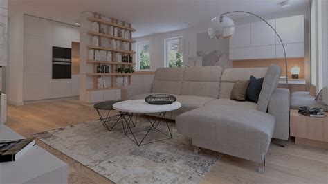 Interiér moderného apartmánu s kuchynským kútom a obývacou časťou