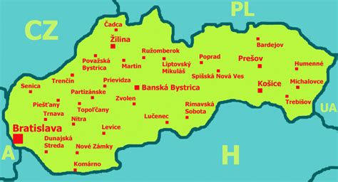 Mapa Slovenska s vyznačenými mestami s názvom Bystrica