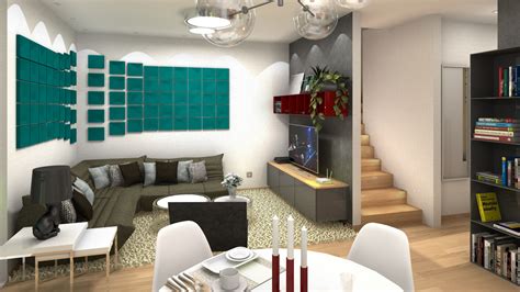 Ilustrácia interiéru moderného mezonetového bytu s vnútorným schodiskom