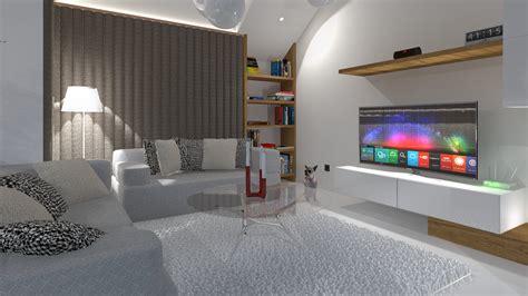 Vizualizácia moderného interiéru mezonetového bytu s otvoreným priestorom